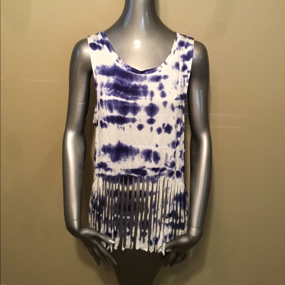 Poof blue/white tie dye fringed cropped tank tops